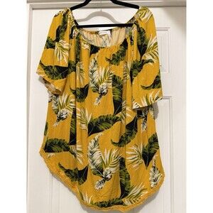 Lone + Lux Women's Yellow Blouse Top w/ Palm Leaves Size 2X  Tropical Bohemian